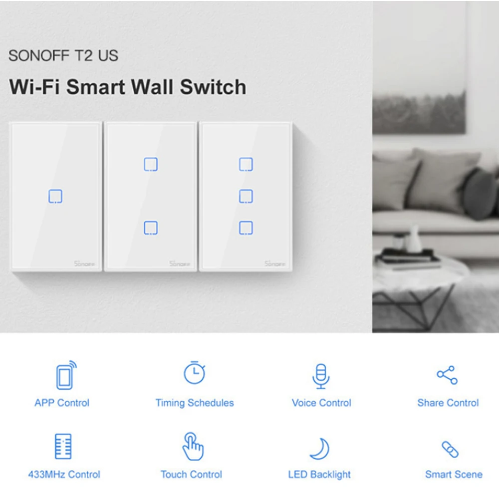 SONOFF T2US TX Smart WiFi настенный сенсорный выключатель с рамкой для умного дома Автоматизация 433 RF/Voice/APP/Touch control