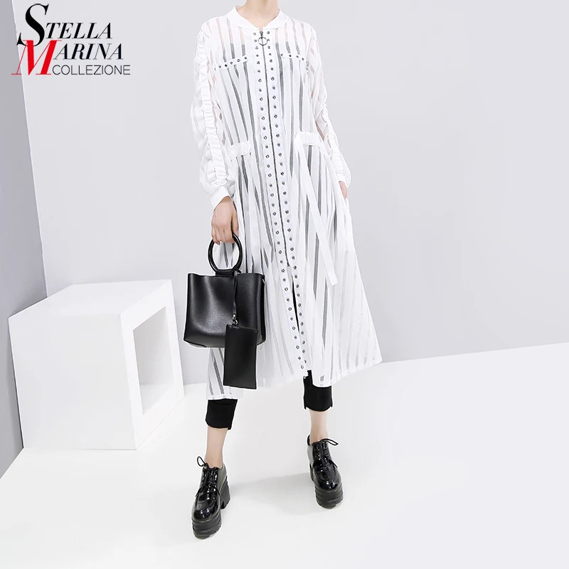 

* New 2019 Korean Style Women Solid White Striped Dress With Sashes Long Sleeve Transparent Ladies Long Straight Dress Robe 5482