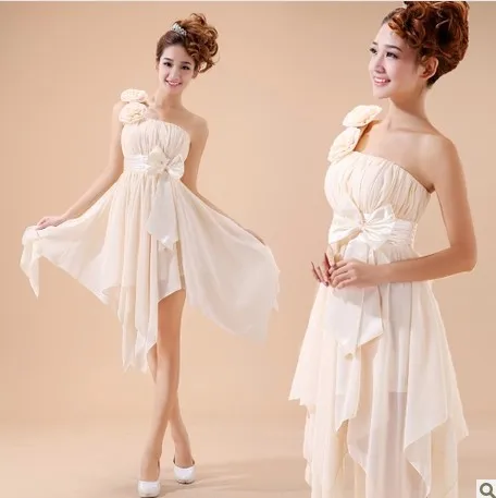 

free shipping 2016 new hot handmade flowers bow One shoulder bride and short red married small design costume bridesmaid dress