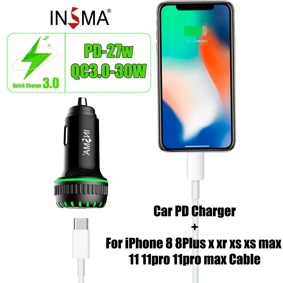 INSMA 57 Вт двойной USB Quick Charge QC4.0 QC3.0+ type C PD3.0 автомобильное зарядное устройство для iPhone 11 Pro Max Xiaomi samsung Автомобильное быстрое зарядное устройство