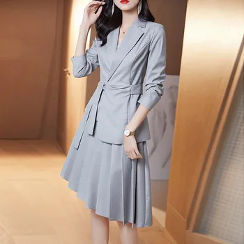 

Skirt Suits 2 Piece Set Women Office Ladies Formal Work Long Sleeve Blazer Suit Jacket Spring Autumn Fall Pleated Midi Skirt