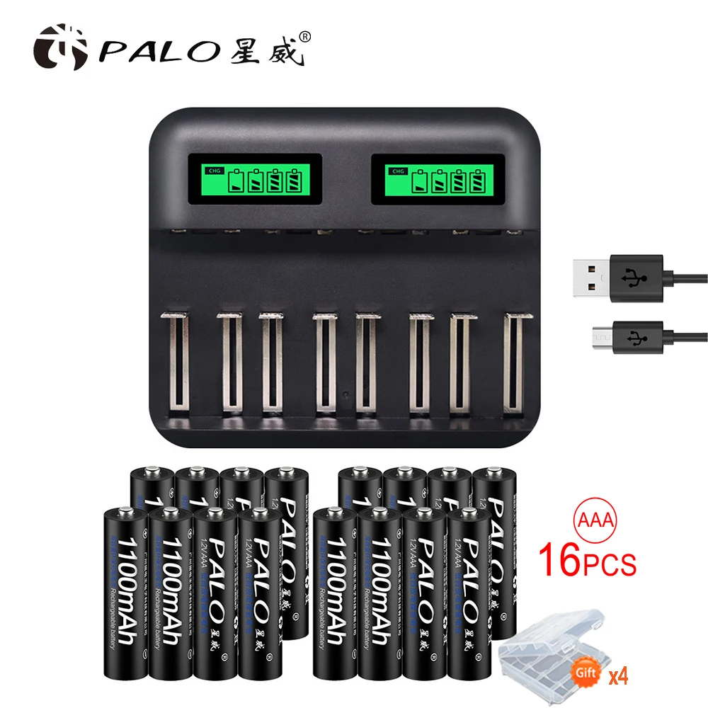 

Palo LCD Display Quick Charge Smart USB Charger for Ni-MH Ni-CD AA AAA SC C D Battery+16pcs 1.2V AAA Ni-MH Rechargeable Battery