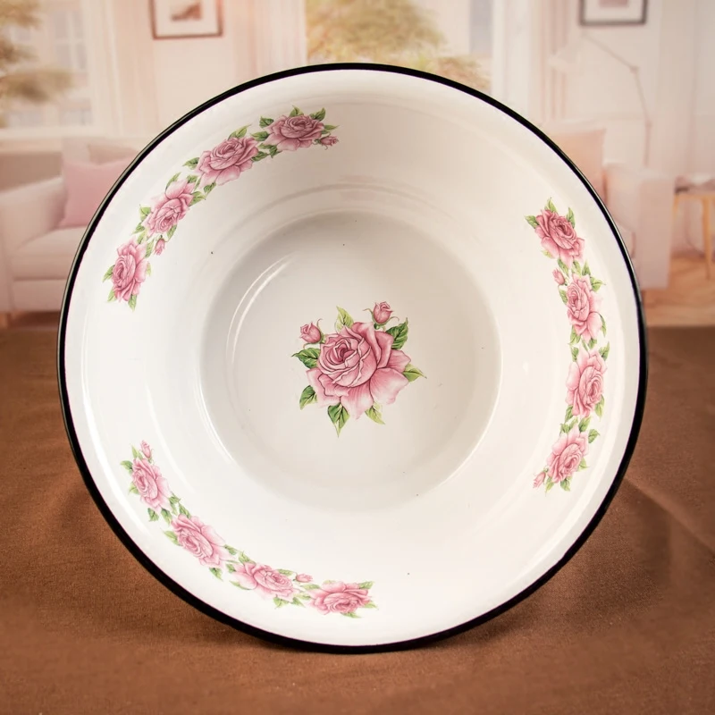 Enamel Wash Basin Antique With Chinese Traditional Totems High Capacity Home Restaurant Kitchen Food Container Soup Pot