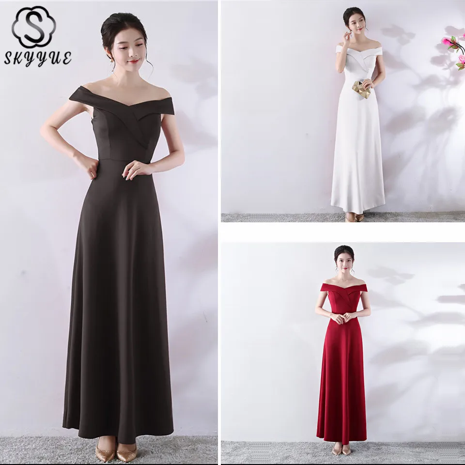 

Skyyue Evening Dress 2019 Elegant Boat Neck A-Line Off Shoulder Women Party Dresses Sleeveless Solid Robe De Soiree C145-DS2