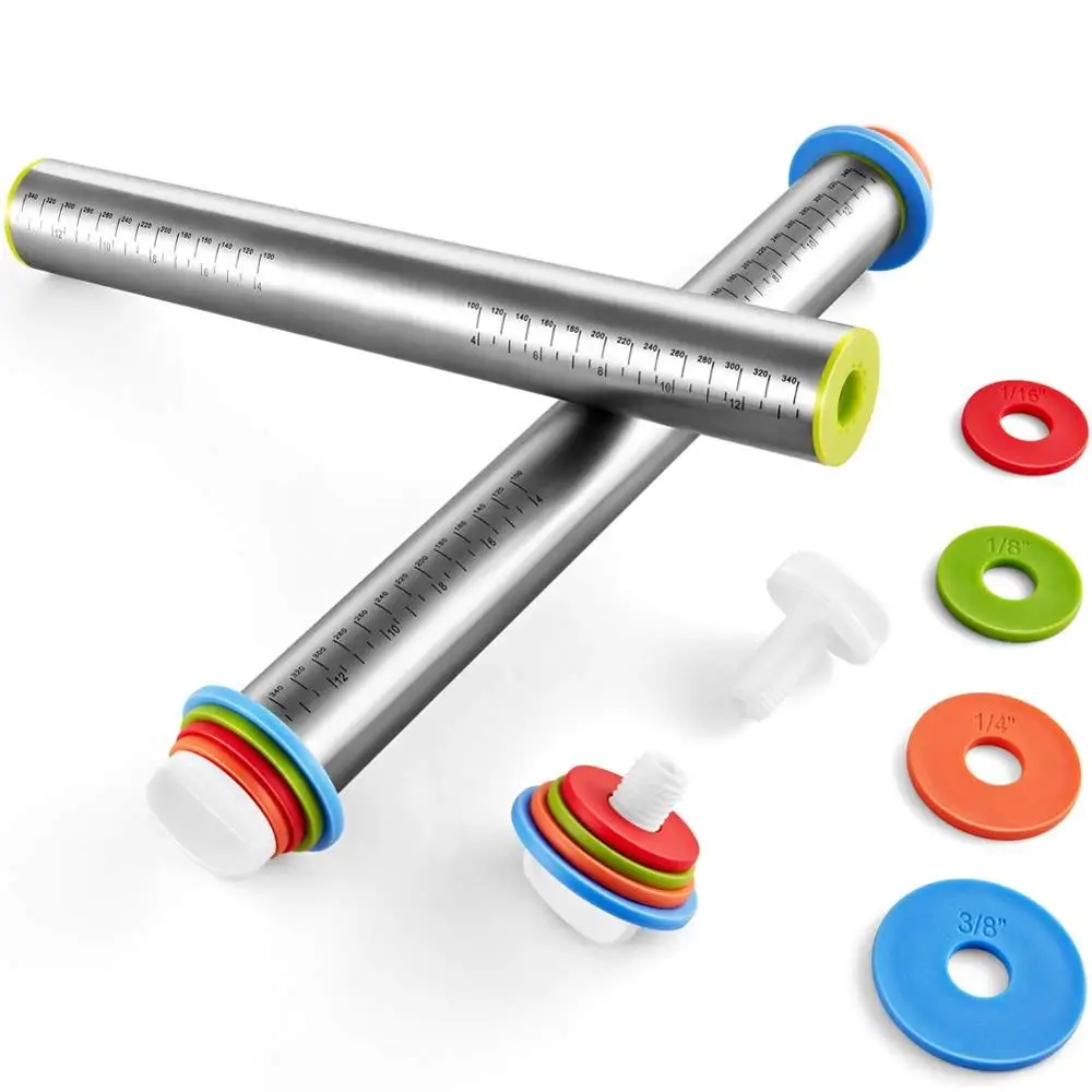 Rolling Pin and Silicone Baking Pastry Mat Set, Non Stick Stainless Steel Roller, Rolling Pins with Adjustable Thickness Rings