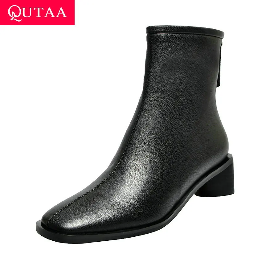 

QUTAA 2020 Square Toe Zipper Concise Ankle Boots Fashion Thick Middle Heel Cow Leather Cow Suede Comfort Women Shoes Size 34-39