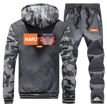 

NARUTO fashion Men Winter Thick trend Hoody Jackets+Pants 2Pcs slim fit Sets Camouflage Fleece zipper Sweatshirt Cartoon Coats