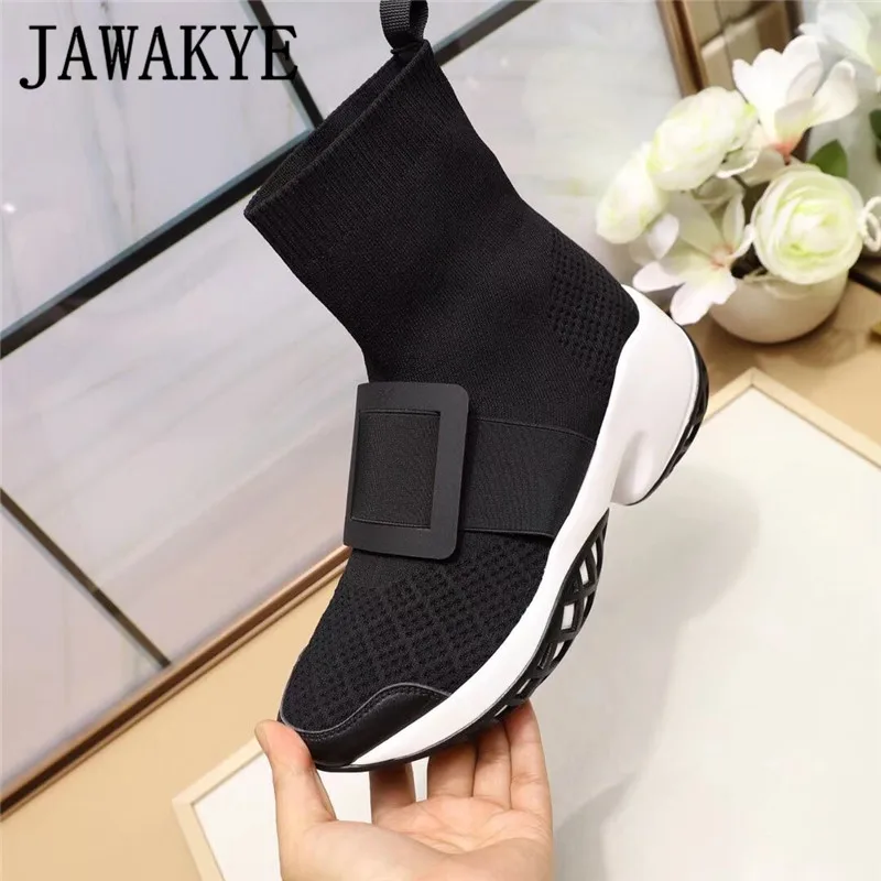 black no rhinestone JAWAKYE/вязаные ботильоны со стразами и пряжкой; женская зимняя обувь на плоской платформе; удобные короткие женские ботинки - Цвет: black no rhinestone