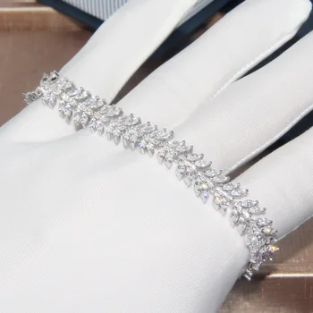

925 Sterling Silver Olive Leaves Bracelet Micro CZ Zircon Crystal Women bracelet Romantic Olive Branch Leaf Shape tennis bangle