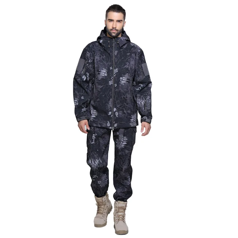 Черная Мужская тактическая куртка с капюшоном Брюки флисовая военная куртка пальто костюм - Цвет: Python