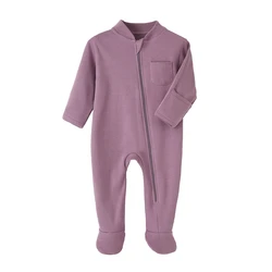 100% Cotton Newborn Solid Color Zipper Jumpsuit Footed Romper - 3M (Lavender)