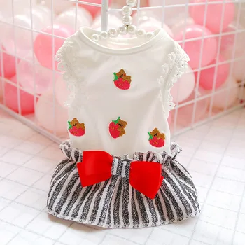 

Pet Dog Cat Clothes Spring and Summer New Strawberry Bear Striped Skirt Teddy Bear Clothing