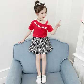 

New Summer Girls Baby 2 Piece Clothing Set For Kids Girls Elegant Clothes Set One Shoulder Tee Shirt Shorts 2PCS Clothing Set