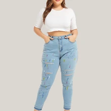 M-4XL обтягивающий большого размера джинсы женские повседневные джинсы с дырками натуральная талия узкие Брюки Промытые летние джинсы для мамы Femme брюки