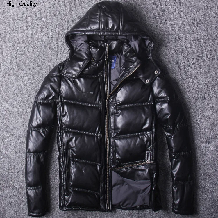 

Men's Sheep Skin Genuine Leather Down jacket Thick Hat Detachable White Duck Down Short Stand Collar lapel Slim Fit Winter Coat