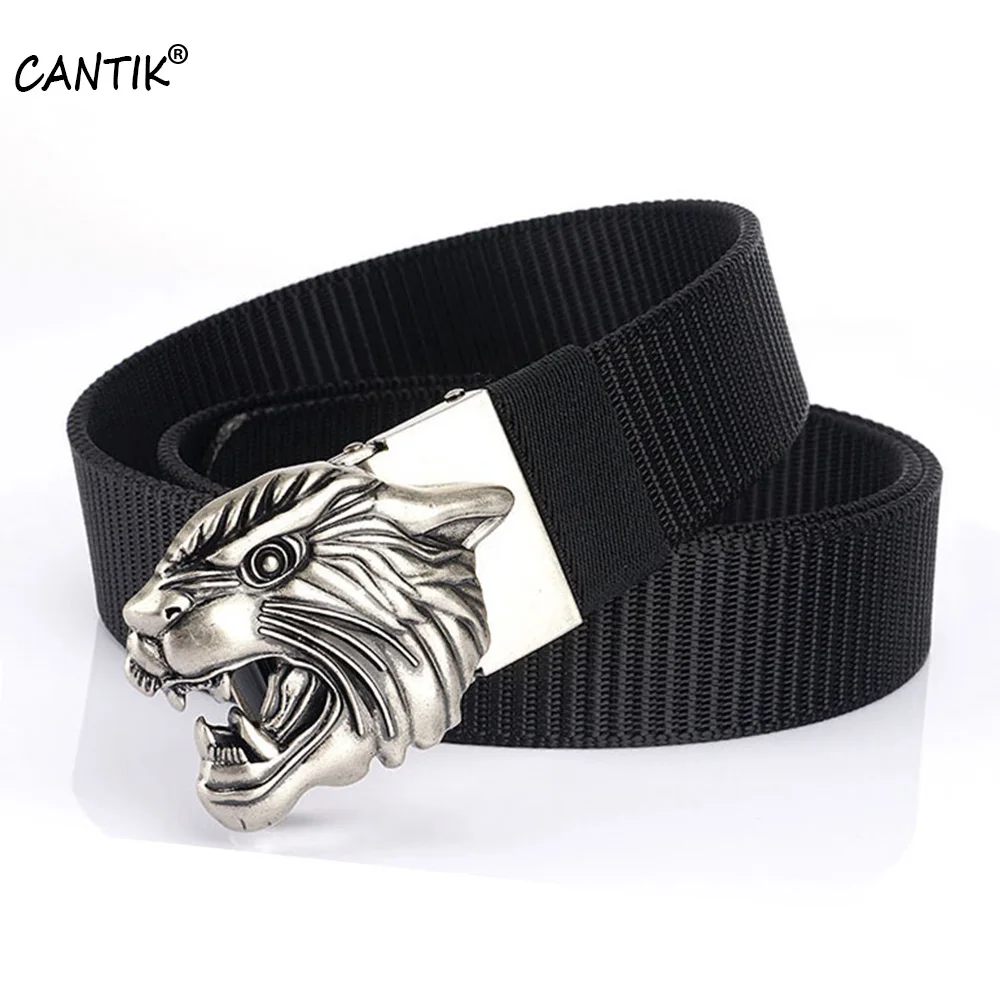 CANTIK Unique Lion Head Pattern Automatic Buckle Slivery Metal Quality Black Nylon & Canvas Belts Men Jeans Accessories CBCA264 cantik unique design fashion swan pattern hollow automatic buckle quality ladies nylon