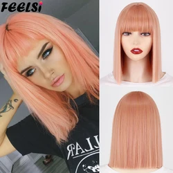 Short Bob Wig With Bangs for Women Synthetic Bob Wigs Pink Red Purple Wig for Lolita Party Cosplay Daily Use Shoulder Length