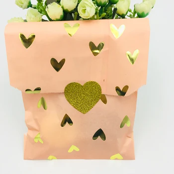 

50pcs Candy Gift Favor Bag Blush Pink/Lalic and Foil Gold Heart Design Wedding Bridal Shower Baby Shower Paper Treat Bag Sticker