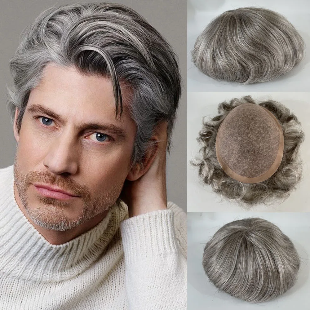 

Mens Toupee Hairpiece Human Hair Systems 580# Poly+Mono Base Prosthesis Male Wig For Hair Loss