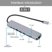 8-в-1 Тип C концентратор USB кабель-Переходник USB C на HDMI USB 3,0 Порты USB 2,0 Порты и разъёмы SD/устройство для считывания с tf-карт USB-C Мощность доставки для MacBook Pro 3,1 сплиттер