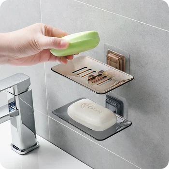 

2pcs Transparent Drain Soap Box Paste Wall Mounted Soap Holder Toilet Plastic Soap Holder Soap Box