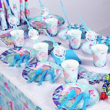 

84pcs/set Mermaid Princess Kids Birthday Party Decoration Party Supplies Shower Wedding Pack Event Supplies Cups Plates Forks