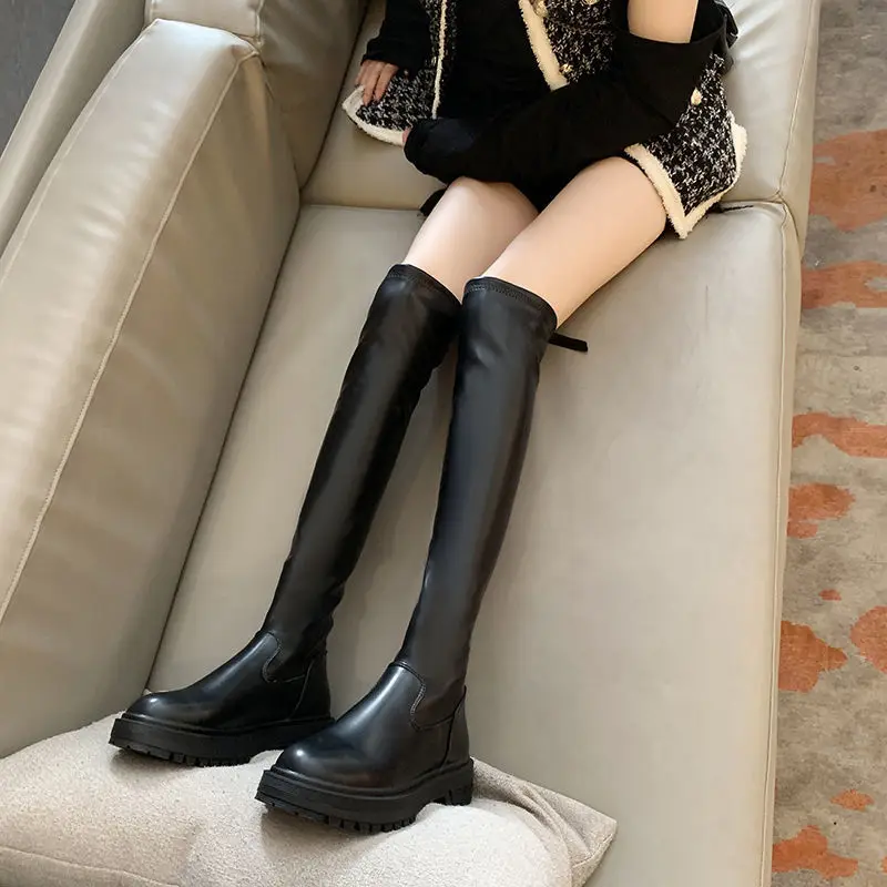 

2020 Women's Pu Leather Over-the-knee Thin Flat-bottomed Low-mid-heeled Over-the-knee Long High-barrel Elastic Boots Botas Mujer