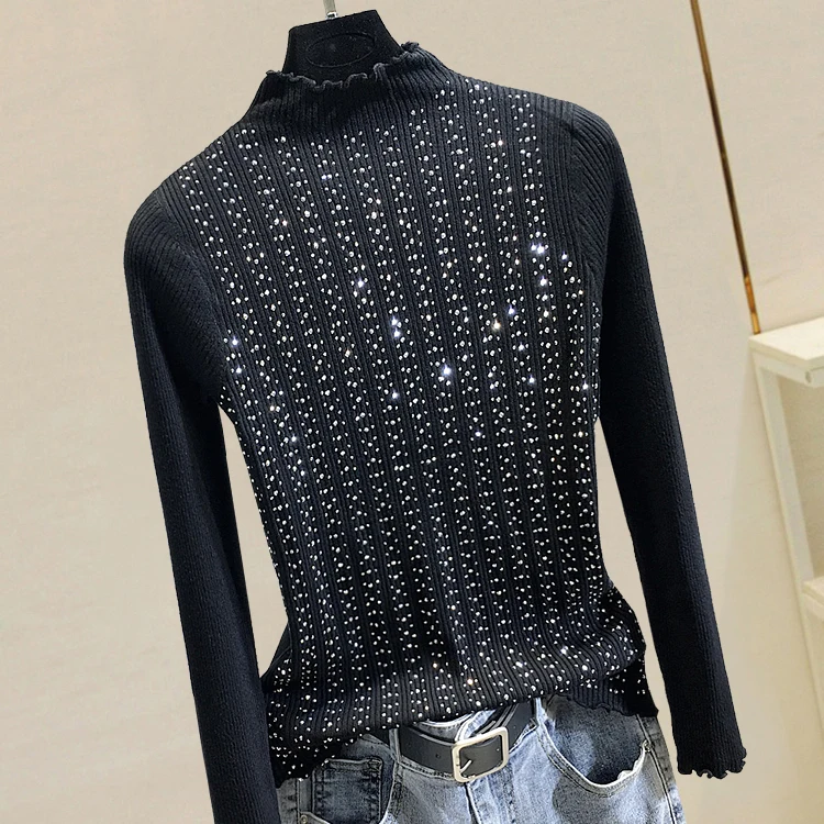 

Semi-high Collar Shiny Knitted Sweater Autumn and Winter 2019 New Ironing Drill Jacket Black Sweater Coat Female Pull Jumper
