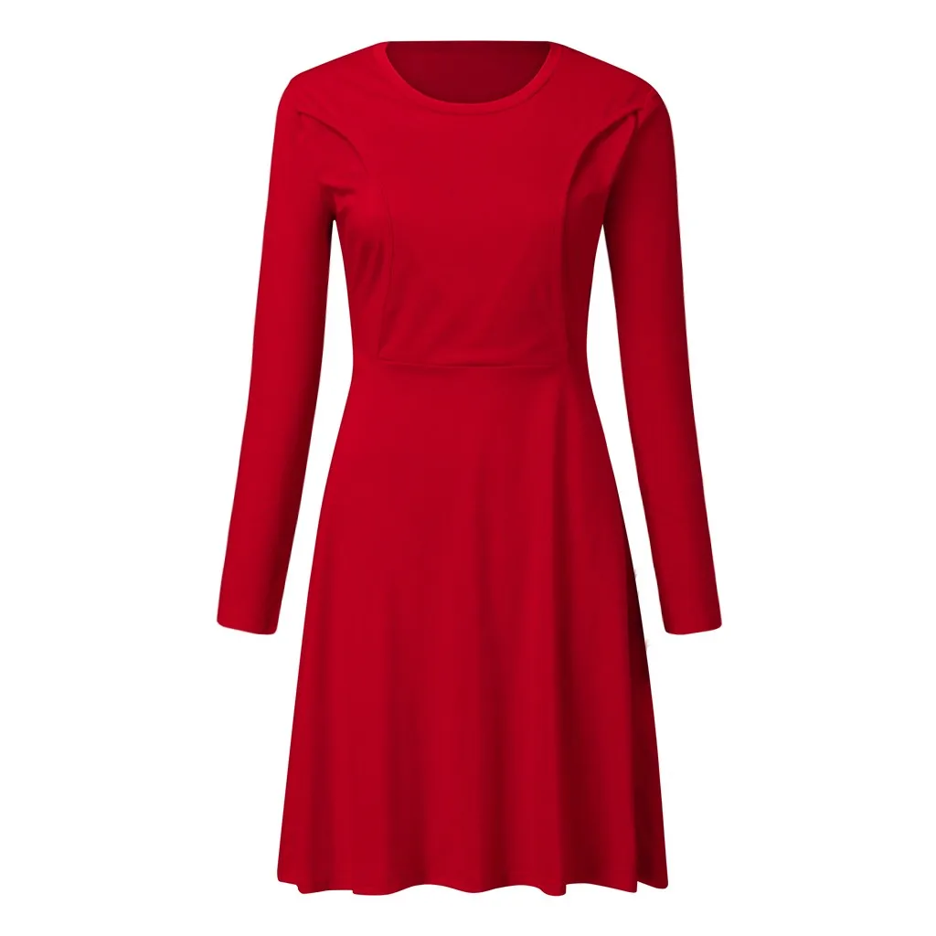 Maternity Dresses Vestidos Sleepwear Nursing Solid Long Sleeve Pregnancy Dress Clothes Pregnant Women Winter Feeding Dress 19Oct - Цвет: Red