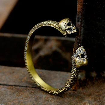 

Hand Made Sterling S925 Sliver Vintage Double Skull Brass Bracelet Jewelry Retro Hip Hop Rock Bangles Fashion Accessories