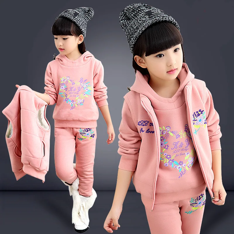 

Girls Winter Vest Coat Clothes Sets Children Kids Clothing 3pieces Thicken Plus Velvet Hoodie Set Girl High Quality Winter Suit
