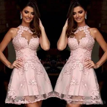 Горячая Распродажа, розовые платья, короткие вечерние платья с аппликацией для выпускного вечера для девочек, кружевное коктейльное платье