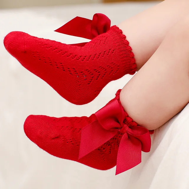 Summer Baby Girls Socks Toddlers Bow Long Sock Kids Knee High Soft Cotton Mesh Spanish Style Children 0-5 Years Breathable Socks Red