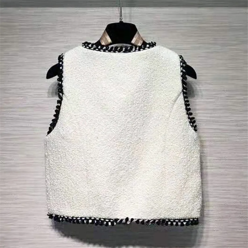 High Quality Winter Women White Tweed Vest Runway Single Breasted Pocket Lady Causal Vest Jacket Coat Fashion Clothes