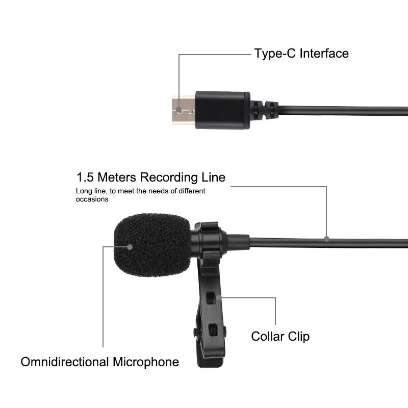 PULUZ 1,5 м Мини микрофон клип-на лацкане петличный USB-C/type-C Jack петличный проводной конденсаторный микрофон записи для смартфонов