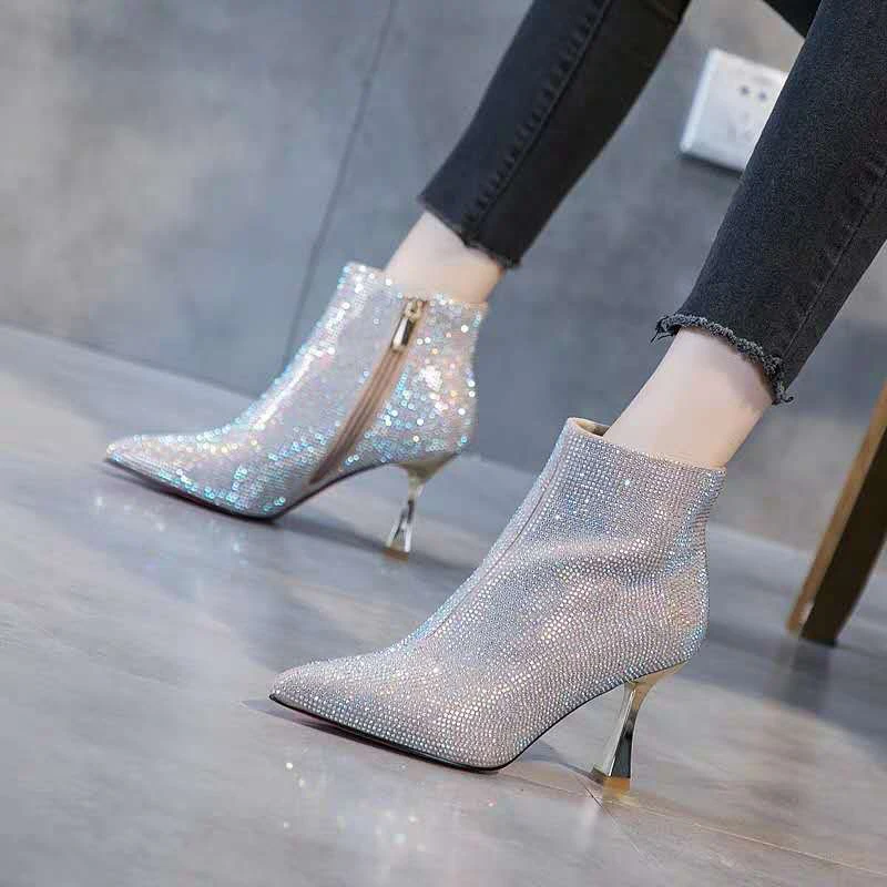Winter Women Ankle Boot 2020 Glitter Pointed Toe Women