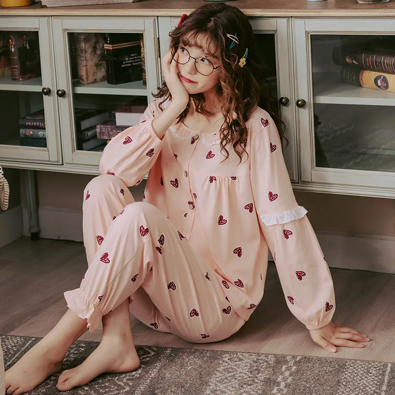 Женская пижама, комплекты пижам с милым принтом и длинными рукавами, костюмы для сна, женская модная повседневная одежда для сна, мягкая одежда для сна, костюм - Цвет: Pink-1