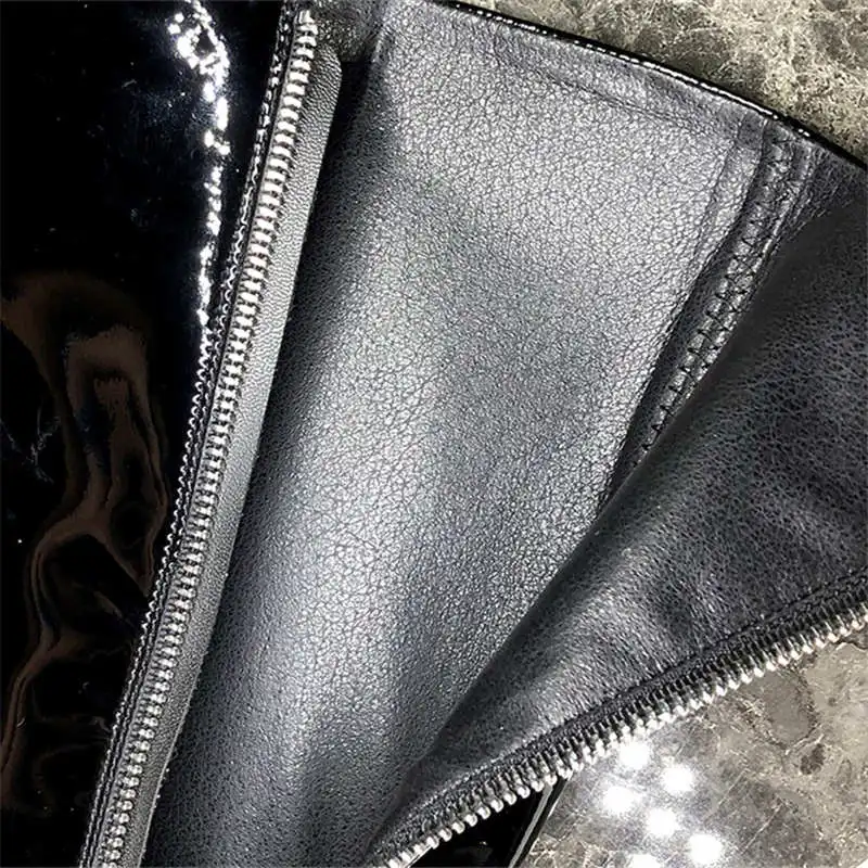Odetina Women Fashion Pointed Toe Mixed Colors Knee High Boots Lady Patent Leather Side Zipper Block Mid Heel Winter Long Boots