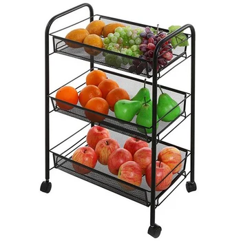 

Exquisite Honeycomb Net Three Tiers Storage Cart with Hook Black for Kitchen Living Room Bathroom
