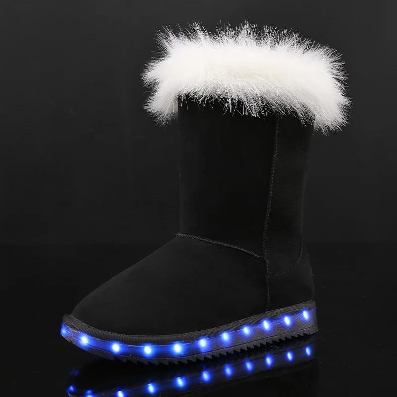 UncleJerry/ зимние ботинки для мальчиков и девочек; Светодиодный светильник с зарядкой от USB; теплые зимние ботинки на меху с высоким берцем - Цвет: Black