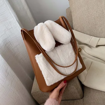 

Cute Patchwork Plush Rabbit Ears Shoulder Bags Women Luxury Pu Lether Bucket Bags Female Large Capacity Handbags Women Bolsa New