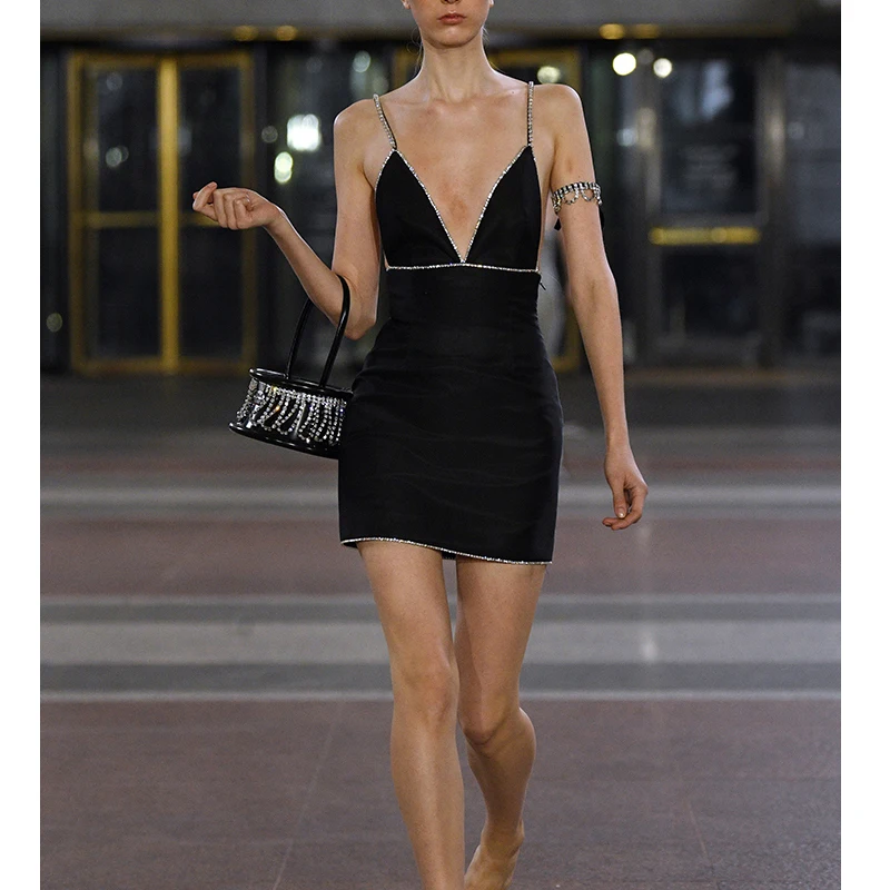 

AEL Sexy Spaghetti Strap Backless Rhinestone V Neck Dress Summer Bodycon Female Elegant Evening Party Wrap Dress 2019