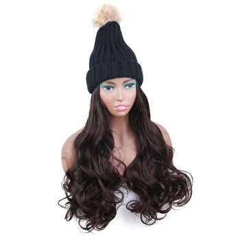 

Long Synthetic Hat Hair Wig 22"inches Body Wave Winter Hats Beanie Attached Knit Skiing Cap 100% Cotton Made for Girl Hang Out