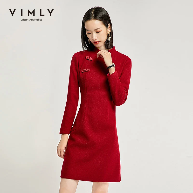 Осень зима 2020 Женское шерстяное платье в китайском стиле Vimly плотное женское