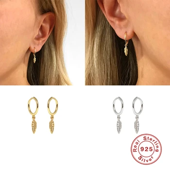 

Luxury 925 Sterling Silver Hoop Earrings For Women Earring Feather Pendant Earrings brinco Fine Jewelry oorbellen Couple Gift