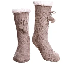 Женские Дышащие хлопковые носки, мягкие зимние Бархатные нескользящие носки Harajuku с помпонами, утепленные домашние вязаные носки@ 5