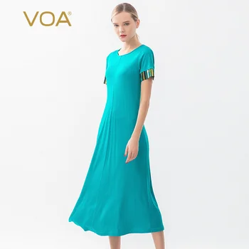 

VOA Turquoise Green 41mm Double-Knit Satin Printed Joint Cuff Small Slit Crew Neck Silk Dress A10770
