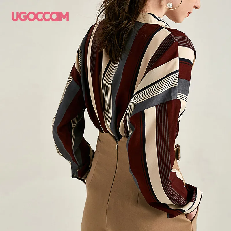 UGOCCAM рубашка в полоску, blusas roupas feminina, Офисная Женская одежда с v-образным вырезом и длинным рукавом, осенняя рабочая одежда, повседневные женские топы, блузки