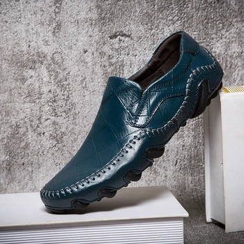 

Men Shoes Loafers Leather Large Size Mens Flat Slip On Boat Shoes British Style Casual Loafer Autumn Car Driving Moccasins Blue