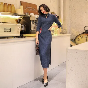 

Sexy Spring Women Cheongsam Vintage Chinese Style Mid-Calf Qipao Elegant Slim Party Dress Lady Button Vestidos M - 3XL